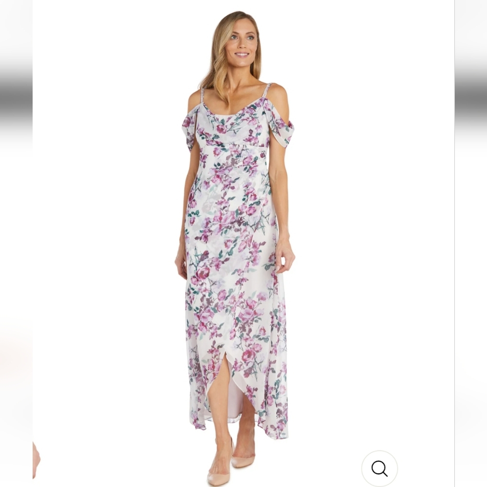 R & M Richards White Maxi Dress with Lilac Floral Print